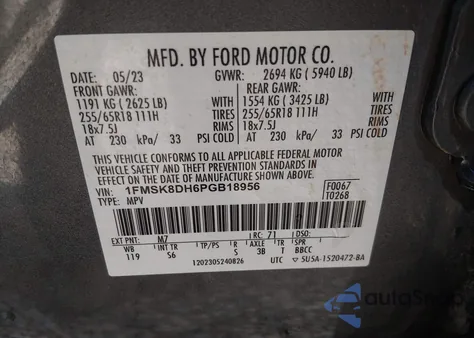 2023 Ford Explorer Xlt z USA, uszkodzony, nr VIN 1FMSK8DH6PGB18956